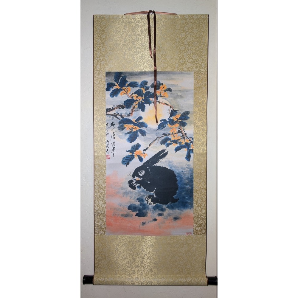 Chinese Hanging Scroll Asian Collection Silk Painting Rabbit Original Tube 42"